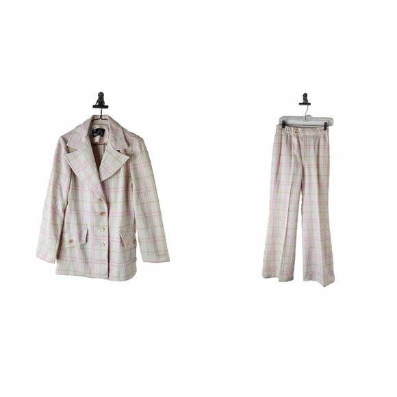 VTG 70s Pastel Plaid Knit Wide Leg Pants Jacket Blazer Set Mod Hippy
